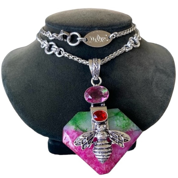 925 sterling silver overlay pink green agate & mystic topaz bee boho necklace . - Picture 3 of 14